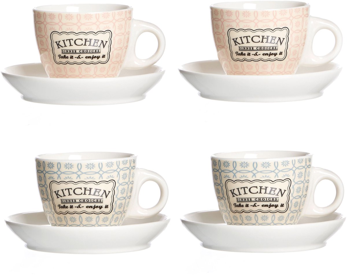 Set van 4 Retro Keuken espressokopjes + schoteltjes 80ml 2x Blauw & 2x Roze - 66449 & 65770