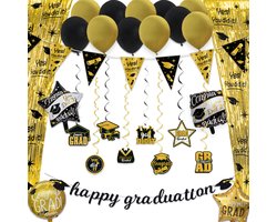 BTH Geslaagd - Feestpakket - Slingers - Ballonnen - Graduation Versiering - Vlag - Zwart & Goud