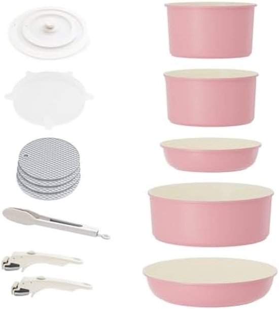 Batterie de cuisine PolkaHome avec poignées amovibles, antiadhésive, en granit, empilable, avec couvercles en silicone, batterie de cuisine compacte sans PFOA, rôtissoire, braisière, 16 pièces - Rose