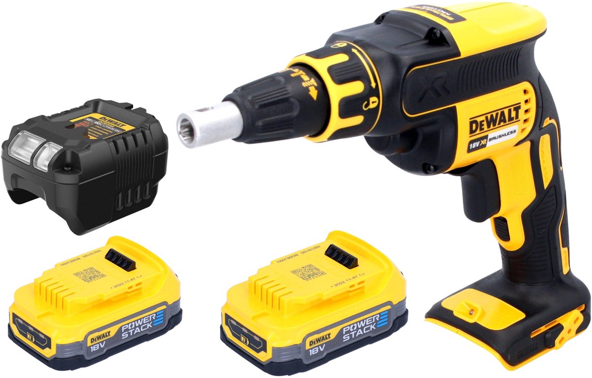 DeWalt DCF 620 E2 accu-schroevendraaier voor gipsplaten 18 V 30 Nm borstelloos + 2x Powerstack accu 1,7 Ah + oplader
