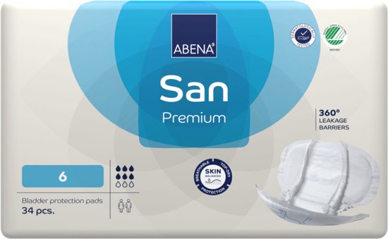 Verpakking Abena San Premium 6 bladder protection pads, 34 stuks, witte pads.