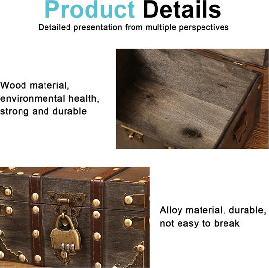 HOMURY Vintage Houten Schatkist met Cijferslot - Piratenkist voor Bewaren en Decoreren, Kinderverjaardag, Geschenken (15 x 12 x 7,2 cm, Groen