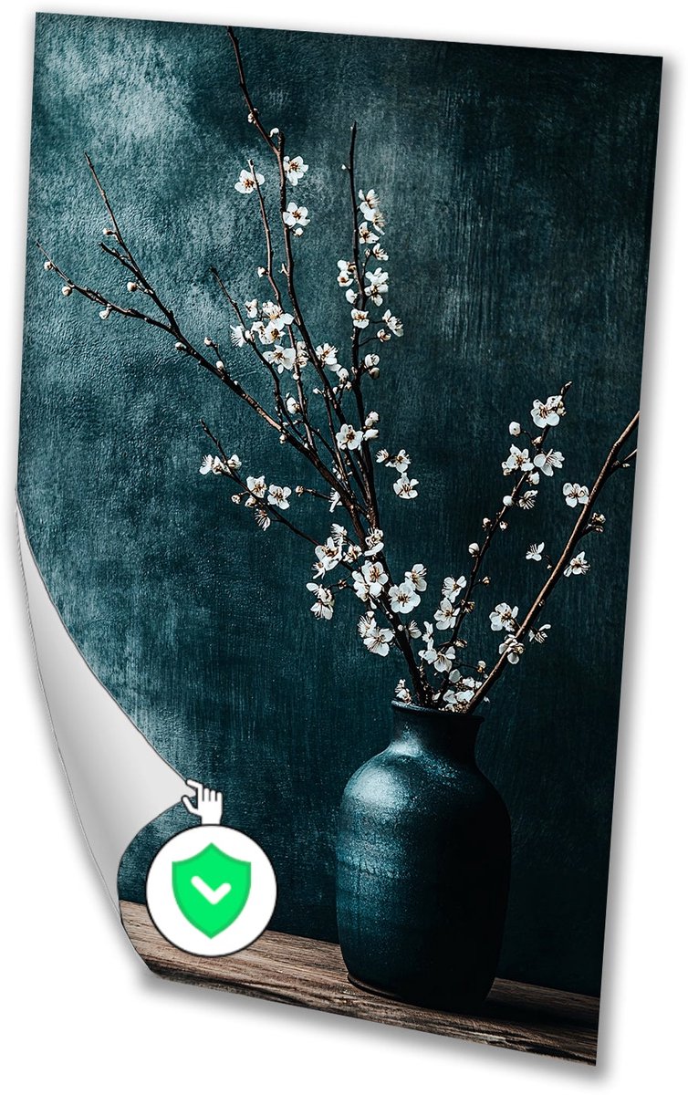 Keramische vaas met bloesemtakken - Stilleven posters - Muurdecoratie bloesem - Japandi -