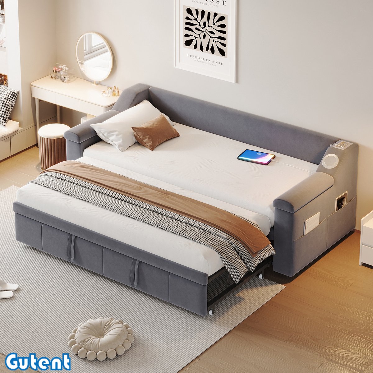 Gutent Slaapbank - 90/180*190 cm - met slimme Bluetooth-stereo - met USB-oplaadaansluiting - Opbergruimte - Fluweel - Grijs - Geen matras