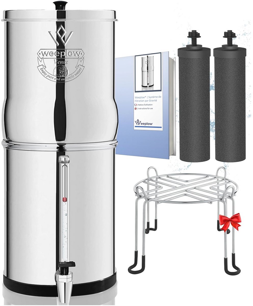 5,6 Liter Zwaartekracht Waterfiltratiesysteem met 2 Zuiveringselementen en Gratis Roestvrijstalen Voet