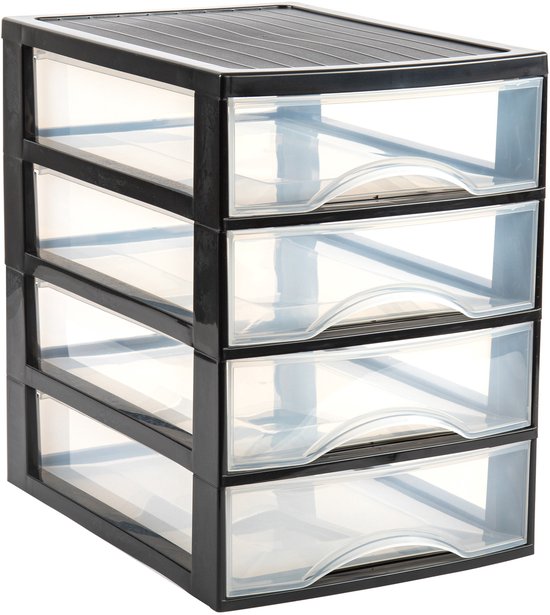 Unité de rangement noire en plastique avec un dessus noir côtelé et quatre tiroirs transparents.