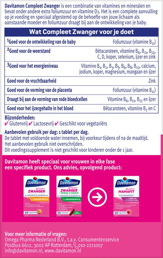 Davitamon Mama Compleet Zwanger - multivitamine bij kinderwens en zwangerschap - Bevat extra foliumzuur en vitamine D3 - 60 tabletten