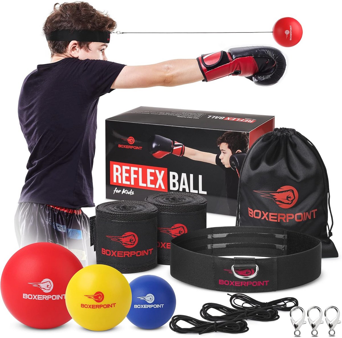 Boksreflexbalset voor Kinderen – 3 Ballen, Verstelbare Hoofdband & Handwraps – Ideaal voor Training en Reactiesnelheid