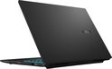 Achterkant van een opengeklapte zwarte ASUS laptop, met logo op de deksel en verlicht toetsenbord zichtbaar.