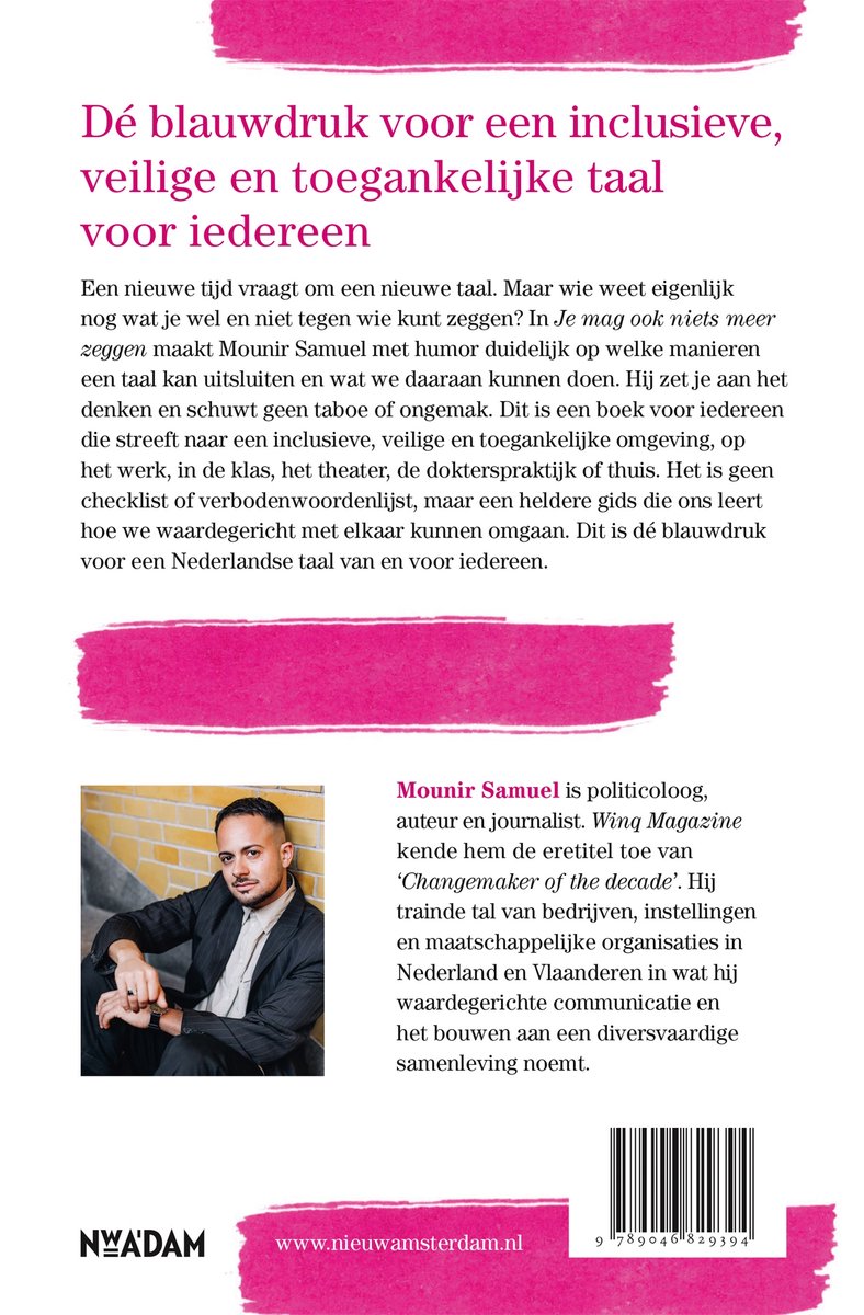 Boekomslag met de titel 'Dé blauwdruk voor een inclusieve, veilige en toegankelijke taal voor iedereen' en een portret van de auteur Mounir Samuel.