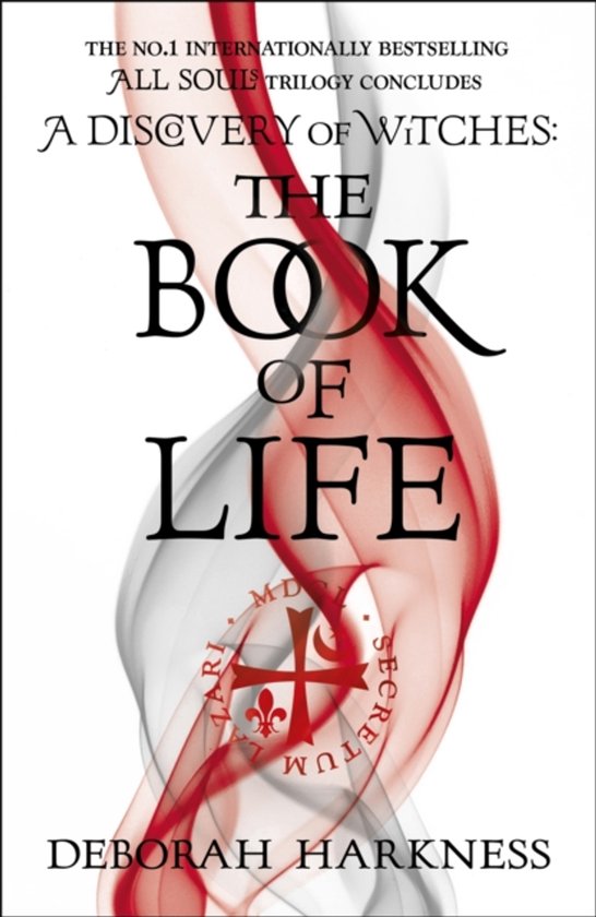 Livre 'The Book of Life' par Deborah Harkness avec de la fumée rouge et grise et une croix.
