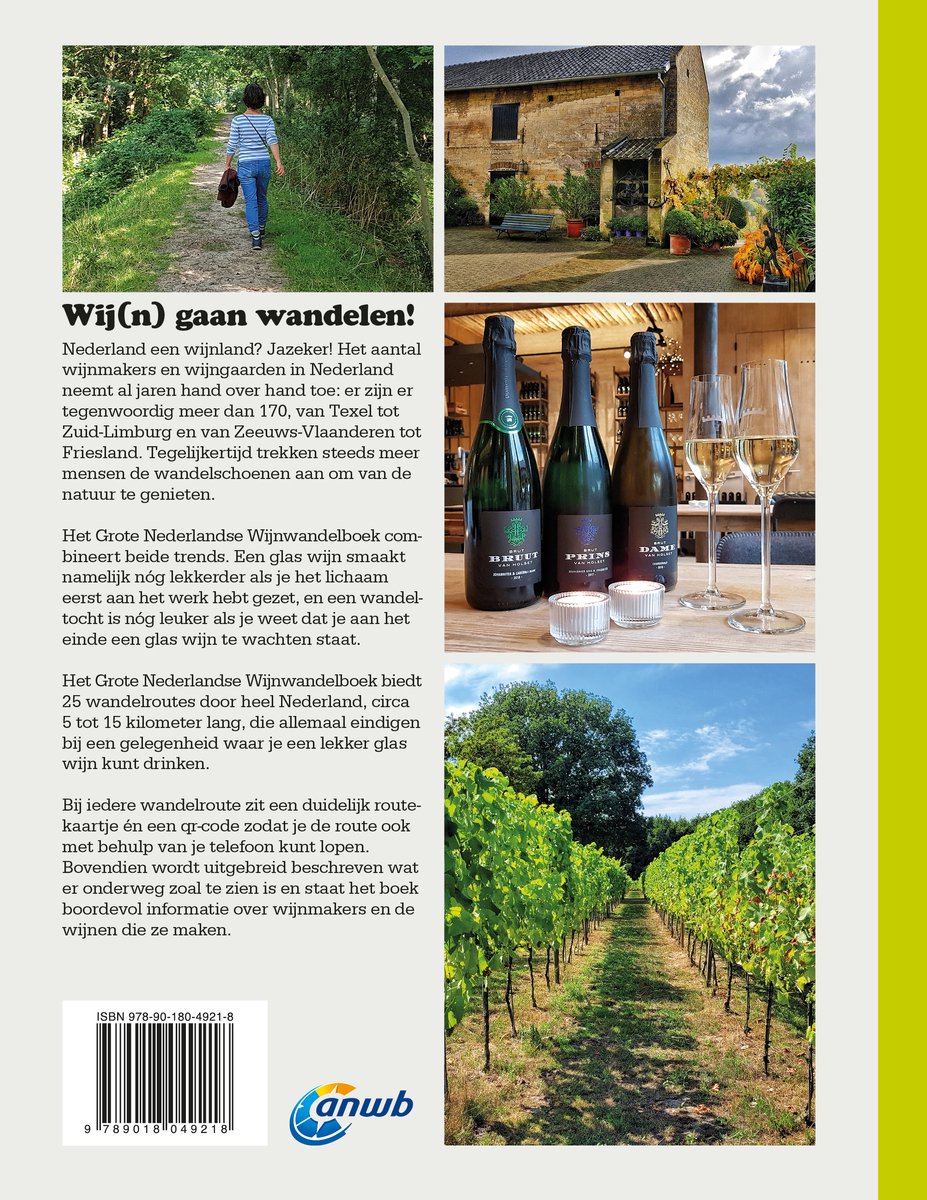 Tekstpagina met afbeeldingen van vrouw op wandelpad, stenen huis met wijngaard, drie flessen wijn met glazen, wijngaard.