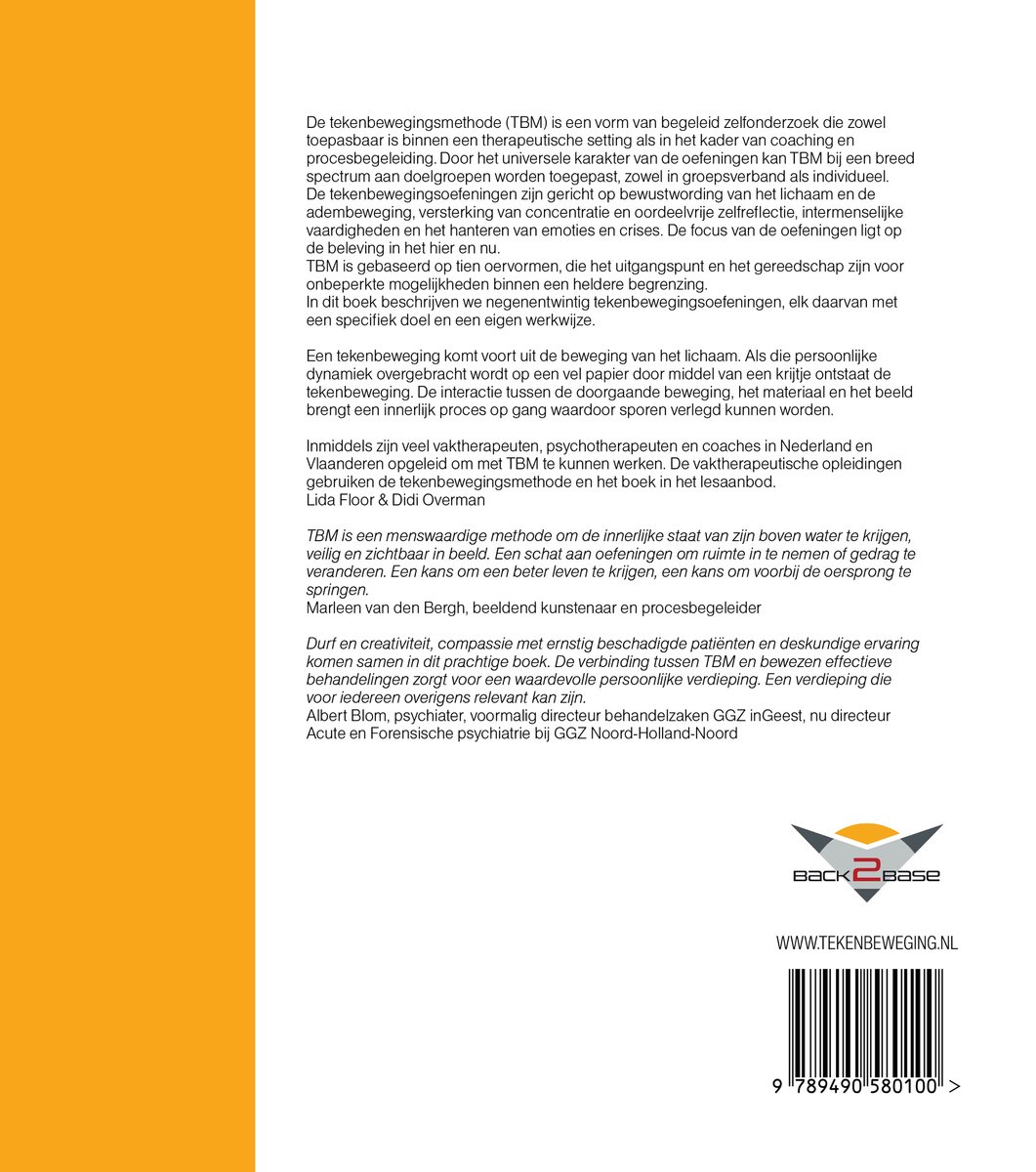 Boek met de titel 'In tekenbeweging zijn', met tekst en een illustratie van een grafisch symbool.