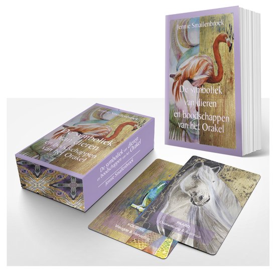 Cartes d'oracle avec des images de flamant rose, colibri et cheval sur fond doré.