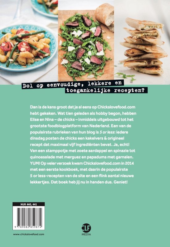 Achterkant van een kookboek met tekst over Chickslovefood en een ISBN-nummer.