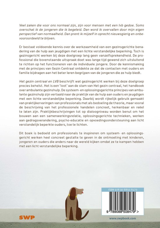 Boekcover met tekst en illustratie van een hond zittend, met ISBN en website.