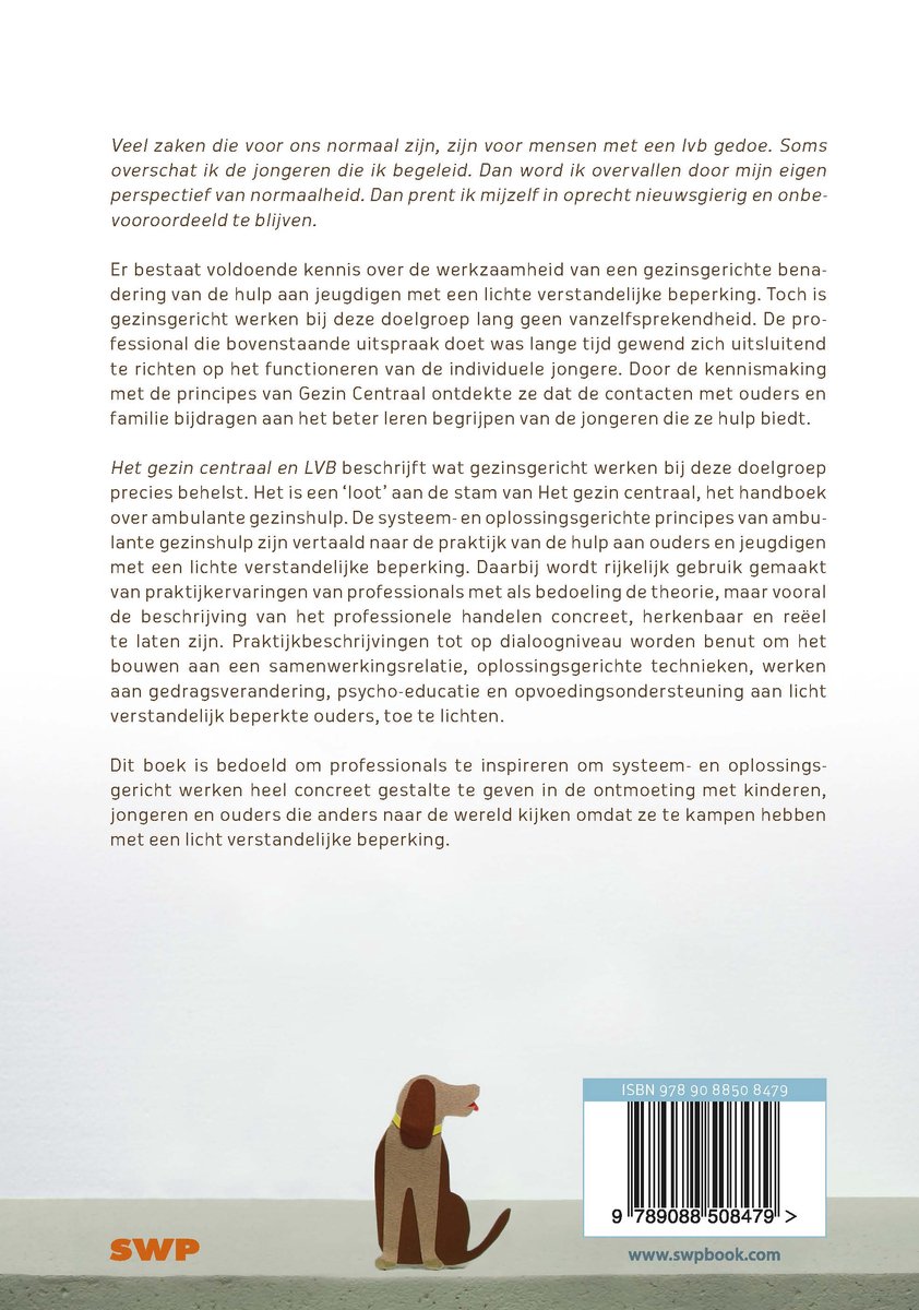 Boekcover met tekst en illustratie van een hond zittend, met ISBN en website.