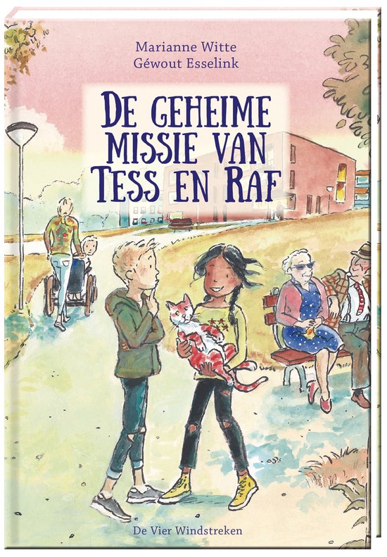 Boekcover met de titel 'De geheime missie van Tess en Raf'. Twee kinderen houden een rode kat vast in een parkachtige omgeving.
