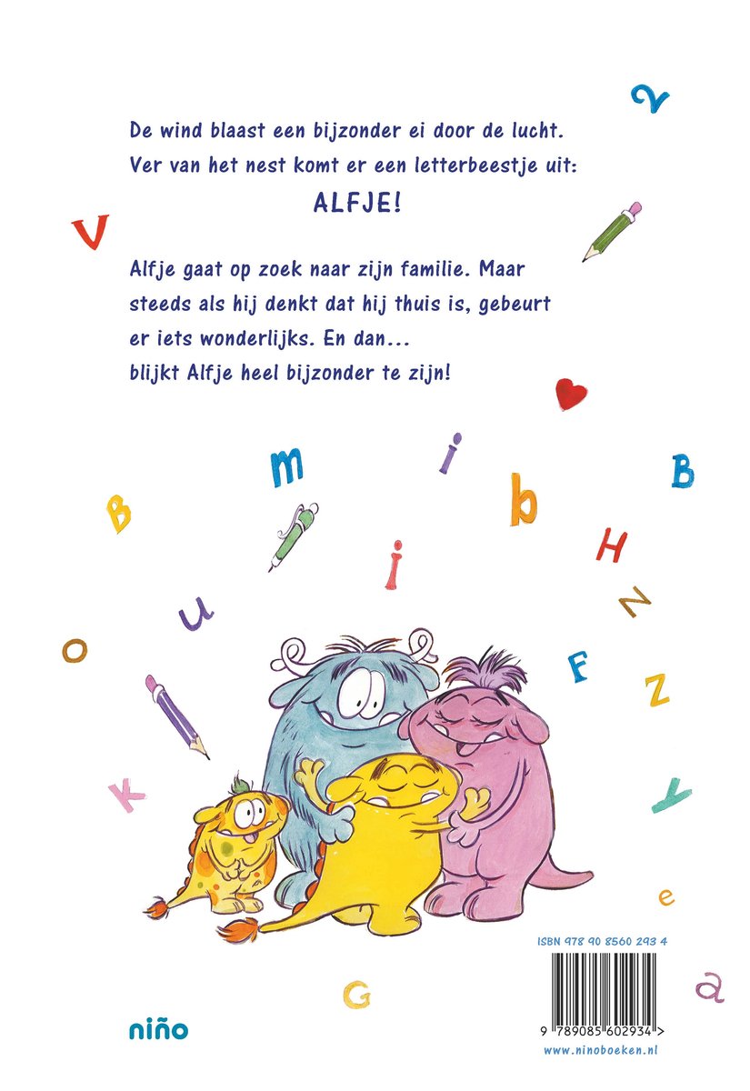 Een familie van vier harige monsters omhelst elkaar. Een klein geel monster zit vooraan.