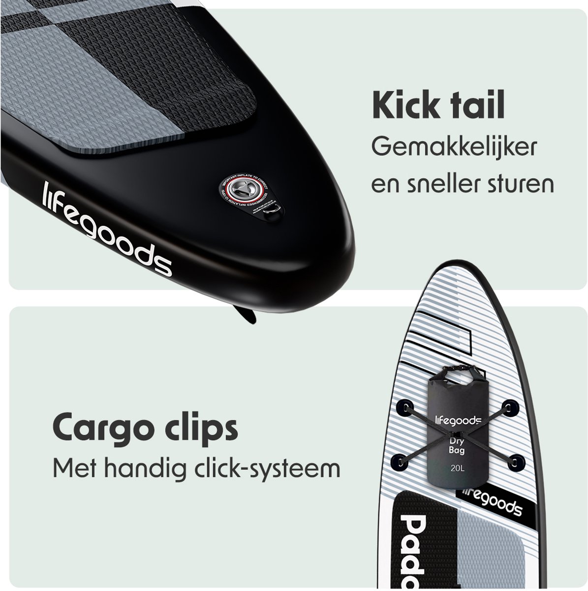 LifeGoods PaddlePro SUP Board Pro - Pro Set - Opblaasbaar Paddle Board - Max. 150KG - 320x81cm - Zwart/Wit – foto 5