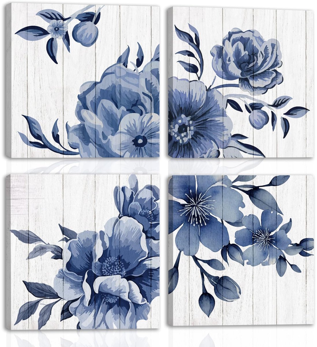 Ibenzoa Moderne Abstracte Blauwe Bloem Canvas Prints – Set van 4 Stuks (40 x 40 cm)