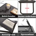 Vier afbeeldingen van de zwarte laptoptafel: met bekerhouder, ruime onderkant, antisliprand en opvouwbaar.