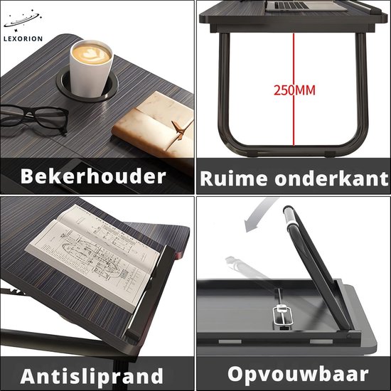 Vier afbeeldingen van de zwarte laptoptafel: met bekerhouder, ruime onderkant, antisliprand en opvouwbaar.
