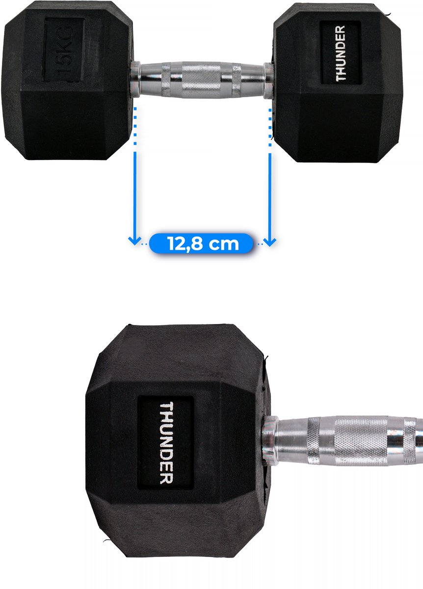 THUNDER® HEXAGONAL-DUMBBELLS-15KG Zwarte Rubberen Halter Stalen Kern Voor Krachttraining & Fitness Antislip Duurzaam & Professioneel Per Stuk - Stevige Grip – foto 3