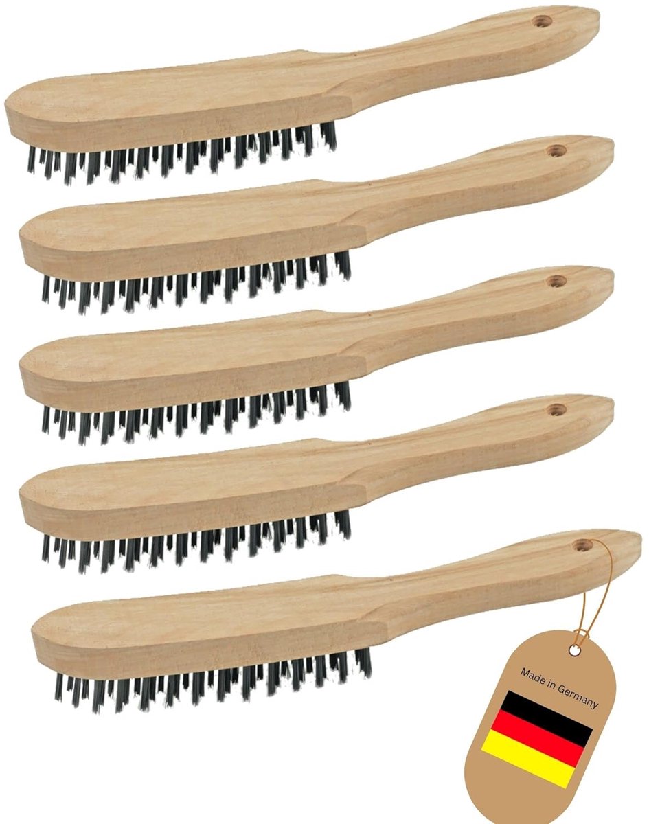 5x staalborstels I 4-rijen I 27 cm lang I met houten handvat I remklauwborstels grillborstels krasborstels metaalborstels handstaalborstelset voegenborstel onkruidborstel