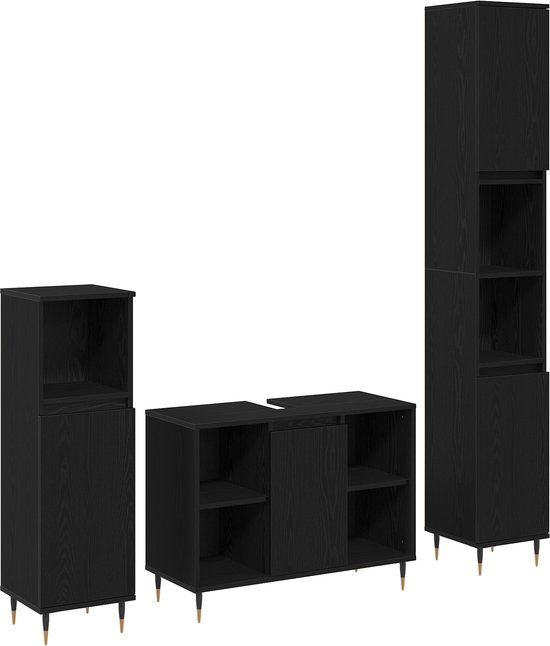 vidaXL - 3-delige - Badkamer - Meubel - Set - Zwart - Eiken - Bewerkt - Hout