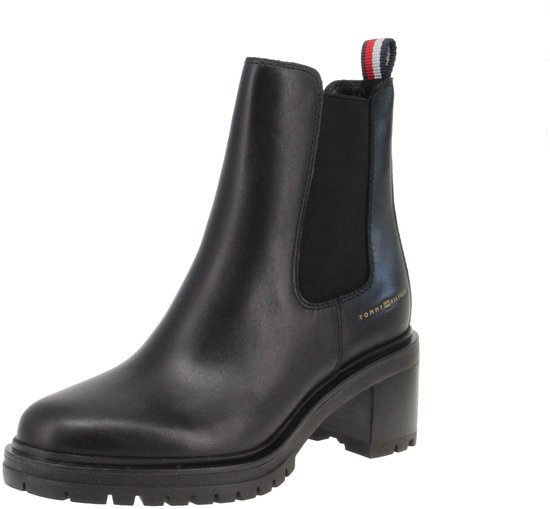 Botte Chelsea noire en cuir avec talon épais, côtés élastiques et logo Tommy Hilfiger.
