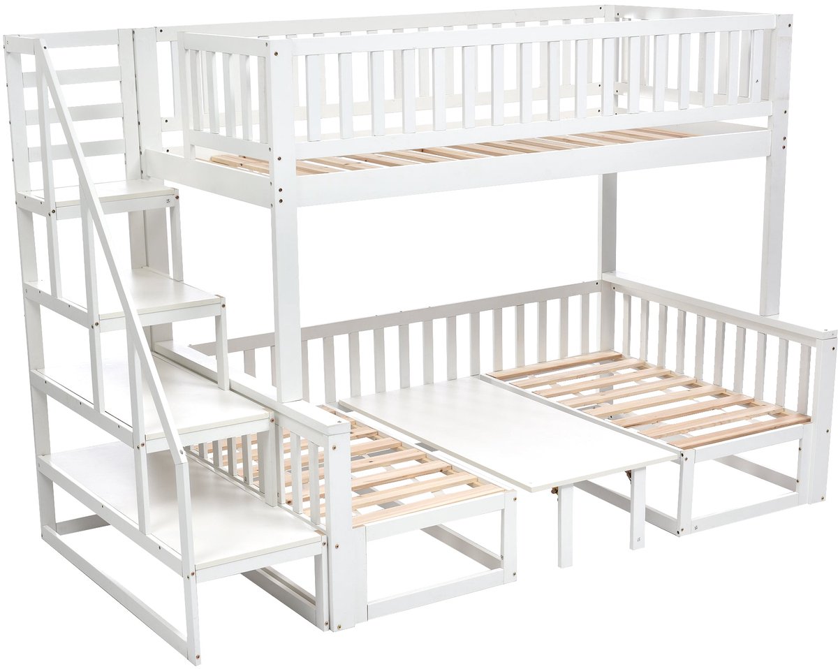 Merax Stapelbed met Trap en Verstelbare Tafel - Multifunctioneel Houten Bed met Sofa en Opbergruimte - 90x200 cm & 120x200 cm - Wit