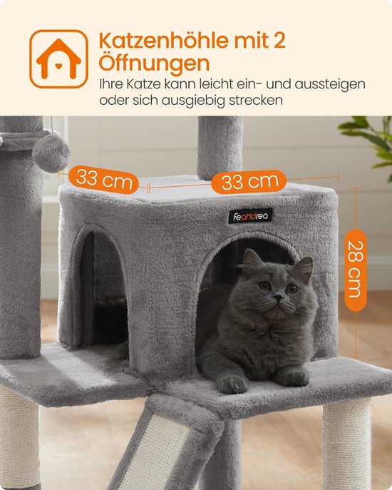 Grijze kattenhulp met twee openingen van 33 cm breed en 28 cm hoog. Een grijze kat zit in de opening.