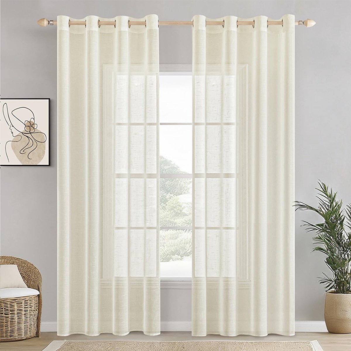 Unyqoos ® Transparante Linnen Gordijnen Set met Oogjes voor Woon- en Slaapkamer Decoratie, Ivoor, 140 x 225 cm Wit