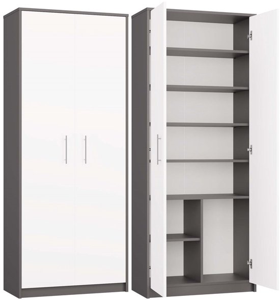 Grijze kast met 2 deuren, gesloten en open, antracietgrijs met wit, open kast met 6 planken.