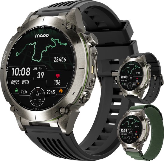 Maoo FORGE - GPS Smartwatch Heren - 1.43" AMOLED Display - 3 Bandjes - GPS (5 satellieten) - Belfunctie - 730mAh Batterij (lange accuduur) - 170+ Sportmodi - Hartslag, Bloeddruk, SpO2, Stappenteller - Kompas, Zaklamp - 1 ATM Waterdicht - Gun Metal
