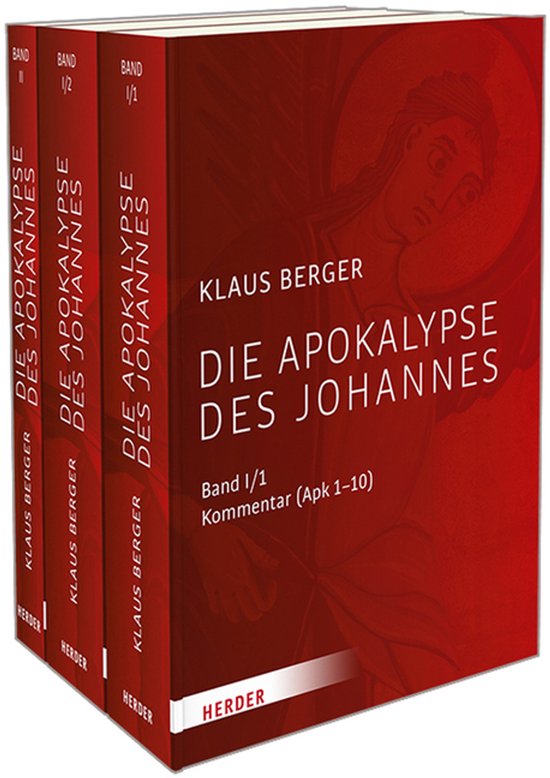 Drie rode boeken met gouden tekst. De middelste heeft "Die Apokalypse des Johannes" en "Klaus Berger" erop. "Band 1/1 Kommentar (Apk 1-10)".