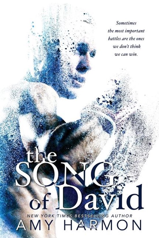 Boekomslag met een man die bokshandschoenen draagt, deels opgelost in verfspatten. Tekst: 'the SONG of David' door AMY HARMON.