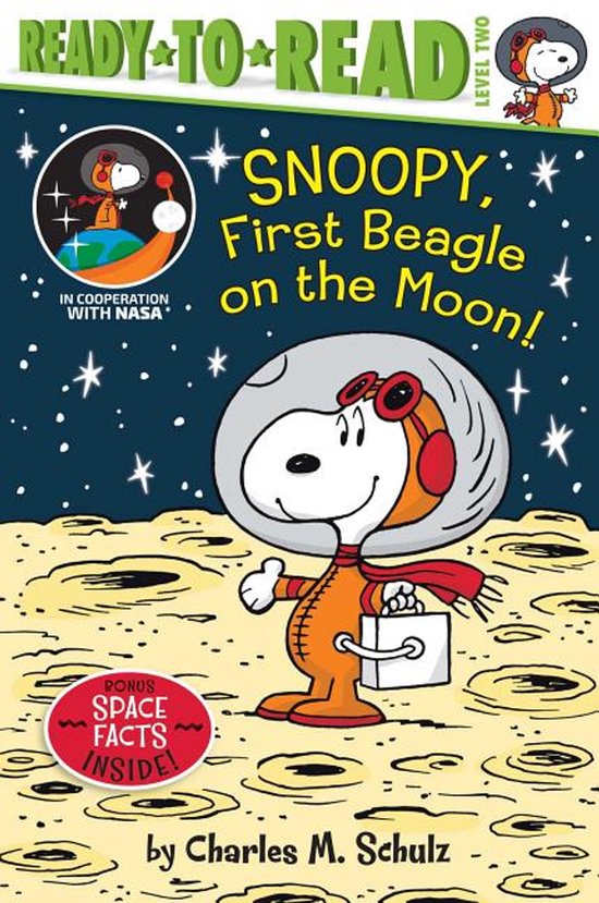 Snoopy in een oranje ruimtepak op de maan, met de titel 'Snoopy, First Beagle on the Moon!'