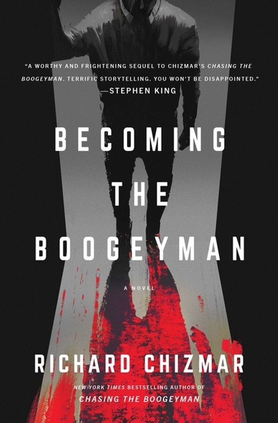 Boekomslag met de titel 'BECOMING THE BOOGEYMAN' in witte letters, met een donkere figuur en rode vlekken.
