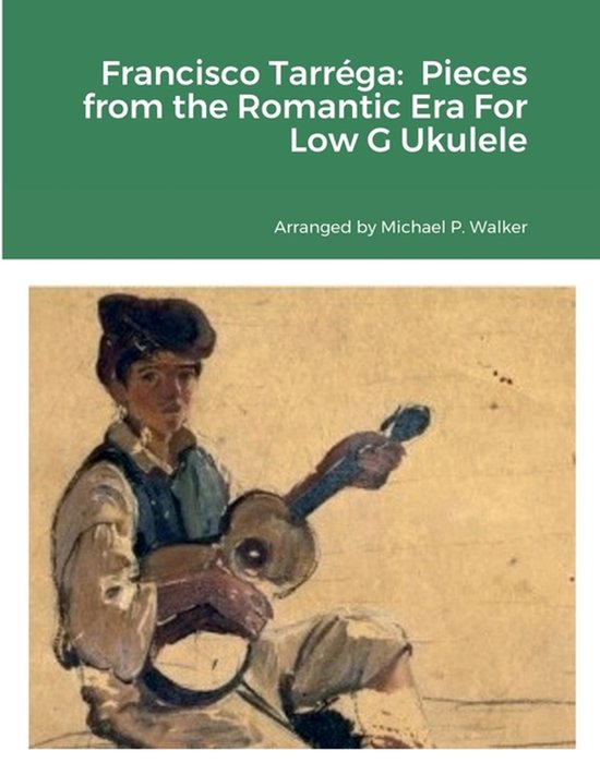 Boek met titel 'Francisco Tarréga: Pieces from the Romantic Era For Low G Ukulele'. Een jongen met donker haar zit op de grond met een ukulele.
