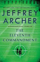 Boekomslag van "The Eleventh Commandment" door Jeffrey Archer. Groene achtergrond met doelwit en drie mannen.