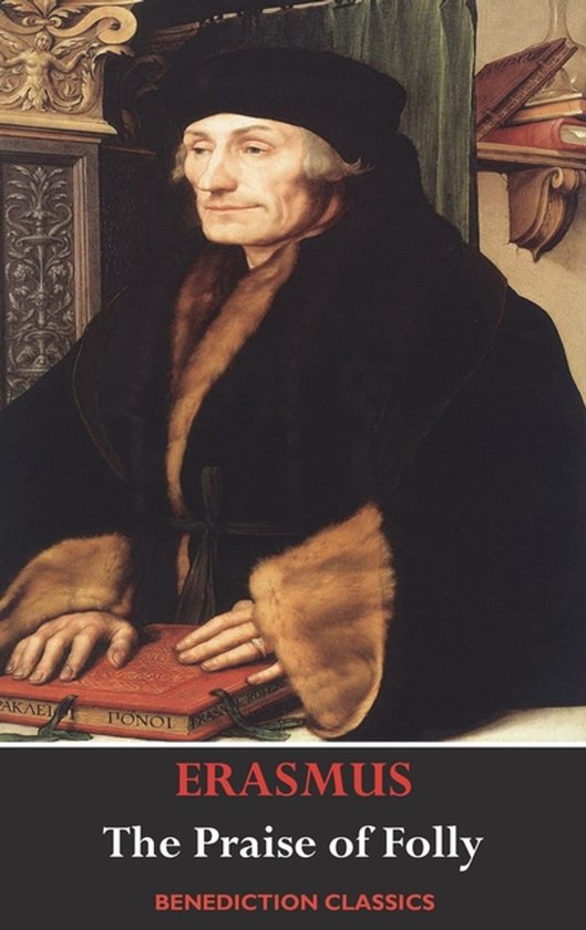 Portret van Desiderius Erasmus in zwarte kleding met bont, met een boek in zijn handen.