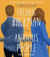 Boekomslag met de titel 'Anxious People' van Fredrik Backman, met de ruggen van een man en een vrouw naar de kijker toe.