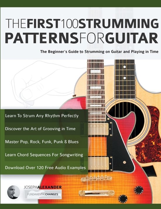 Livre 'The First 100 Strumming Patterns for Guitar' avec un gros plan sur deux guitares.