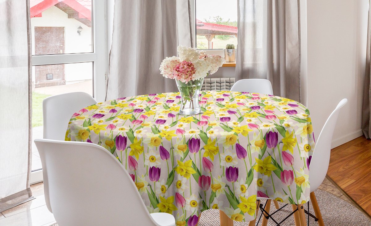 New Bed Narcissen Tulp Stelen Bladeren Zomer Ronde Tafelkleed, Cirkel Tafelkleed voor Eetkamer Keuken Decoratie, 150 cm Diameter