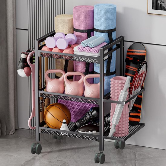 Rack Poids Maison Support De Rangement Fitness Multifonction - Haltères, Kettlebells, Tapis De Yoga - Avec Roues Et Crochets Support équipement Sportif Roues