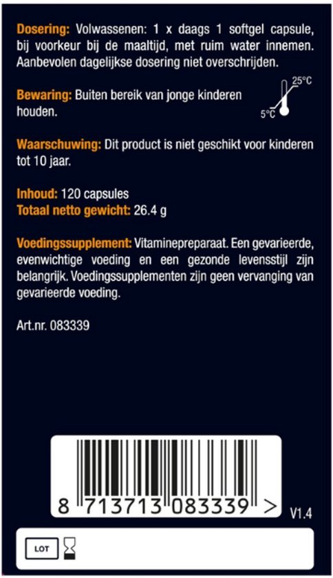 Achterkant van de verpakking met dosering, bewaren, waarschuwing, inhoud en barcode. "Art.nr. 083339".