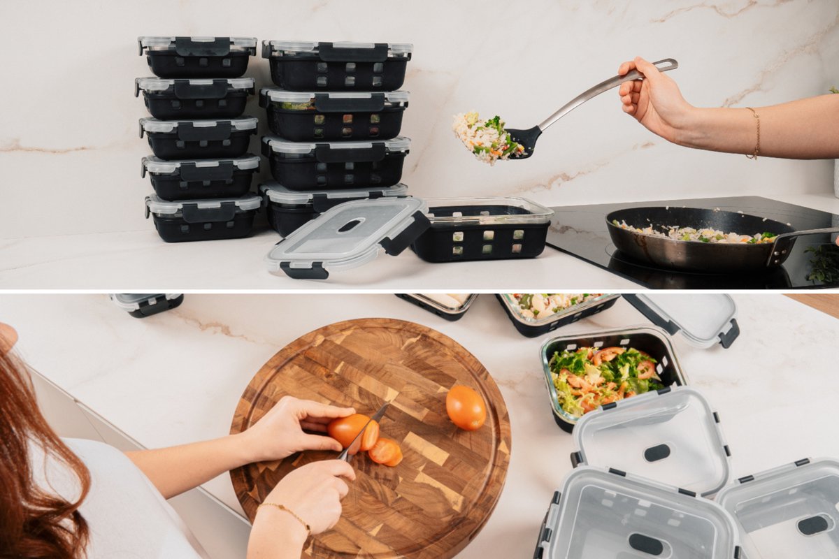VDN Glazen Meal Prep Bakjes met Silicone Sleeve – 10 Delige Set Vershoudbakjes van Borosilicaatglas – Luchtdicht & BPA Vrij – Magnetron met Ventiel, Oven, Vriezer & Vaatwasser Bestendig – 5x1040ML & 5x370ML — afbeelding 4