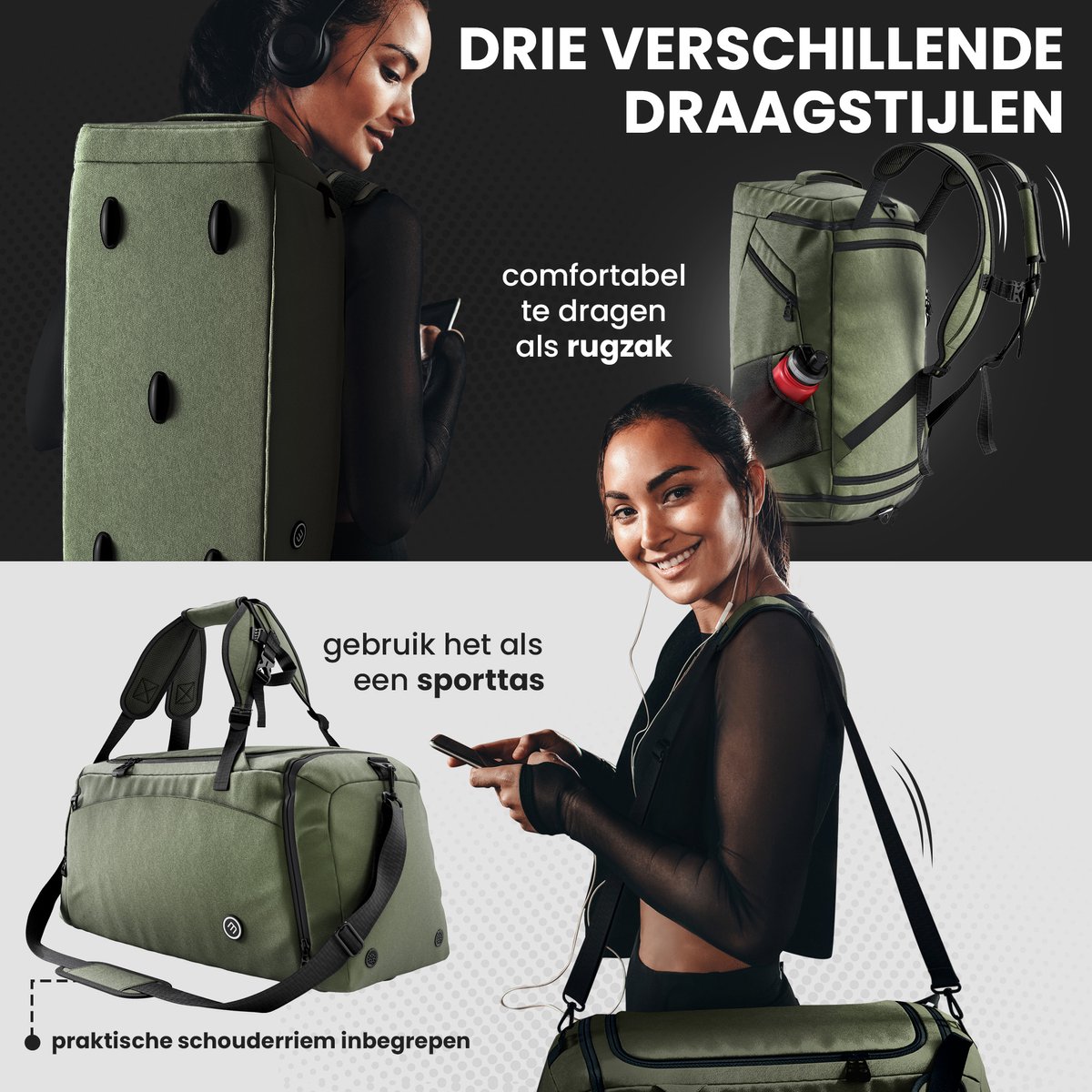 bemaxx Sporttas Gymbag Reistas 40L / 60L | Trainingstas met Rugzak-Functie Schoenencompartiment Vak voor natte Kleding | Sportrugzak Fitness Tas Weekender Zwemtas Duffelbag Sportzak Fitnesszak Sportbag Heren - 40L, Groen thumbnail 3